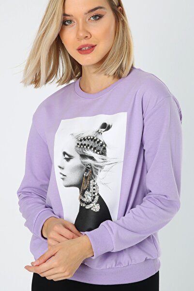 MADAME DREAM Kadın Taşlı Baskılı Mor Bisiklet Yaka Sweatshirt