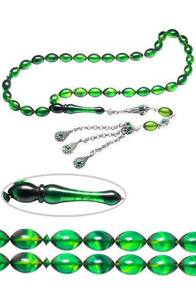 Tesbih Atölyesi Green Black Colored Solid Cut Aleppo Tassel Fire Amber Rosary