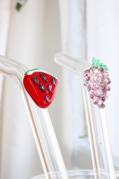 ADAMODART Set of 2 Glass Straws with Grape & Watermelon Figures