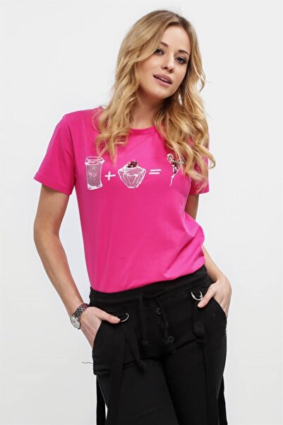 fasardi Bisiklet Yaka Baskılı Kadın Tişört