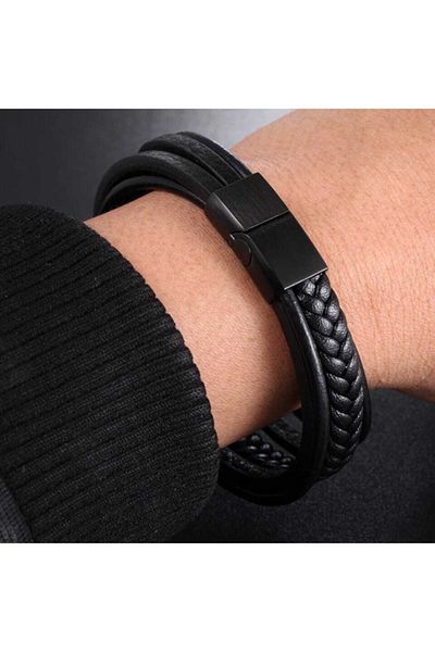 Gogoey Men's Leather Bracelet Black Color Magnetic Buckle Braided Trend Fashion