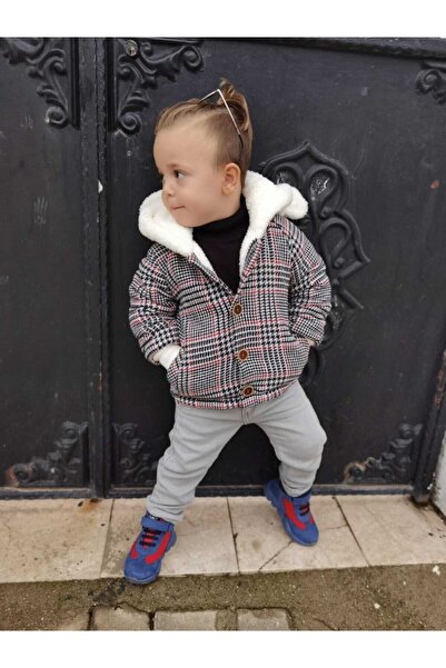 muzur kids Παλτό για αγόρια με κόκκινες ρίγες και βελούδινη επένδυση