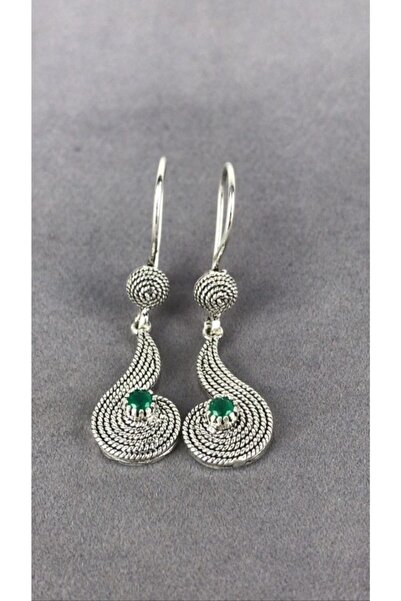 BEY SİLVER Zümrüt Telkari Parmak Izi Su Damlası Gümüş Kadın Küpe