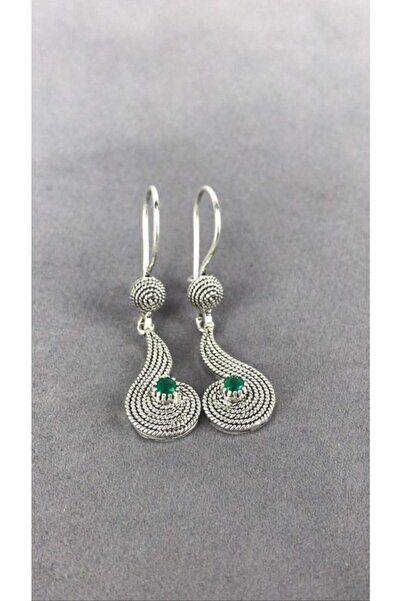 BEY SİLVER Zümrüt Telkari Parmak Izi Su Damlası Gümüş Kadın Küpe