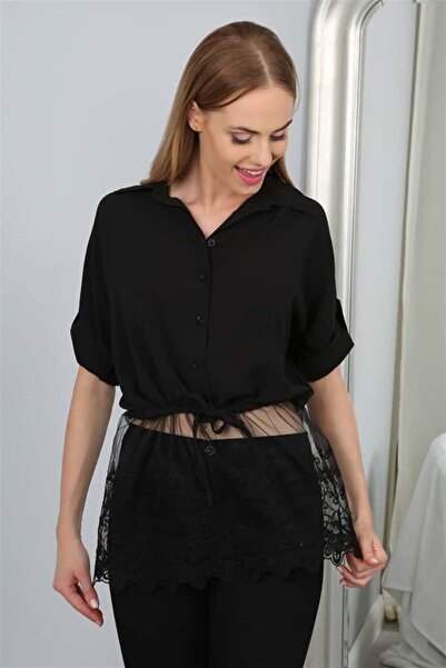 fasardi Dantelli Beli Büzgülü Uzun Kollu Kadın Gömlek