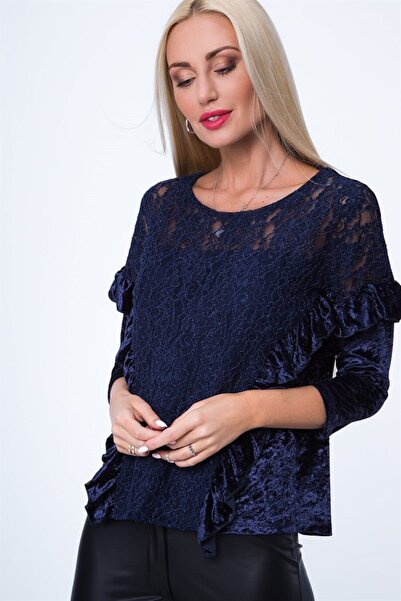 fasardi Kadın Önü Dantelli Lacivert Kadife Bluz Mp28514
