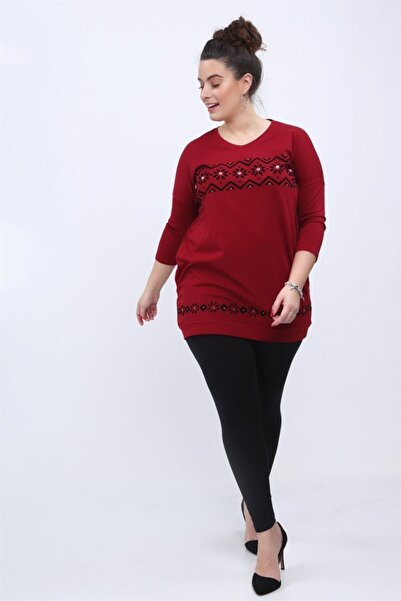 fasardi Flok Baskılı V Yaka Büyük Beden Tunik