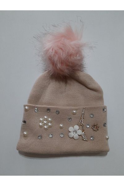 dükkan10butika Beret Women's Eiffel 65 Motif Flower Stone Decorated Pompom Powder