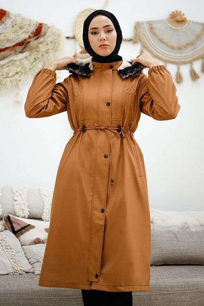 InStyle Παλτό 0021 Piping Detail Waist Gathered - Καφέ
