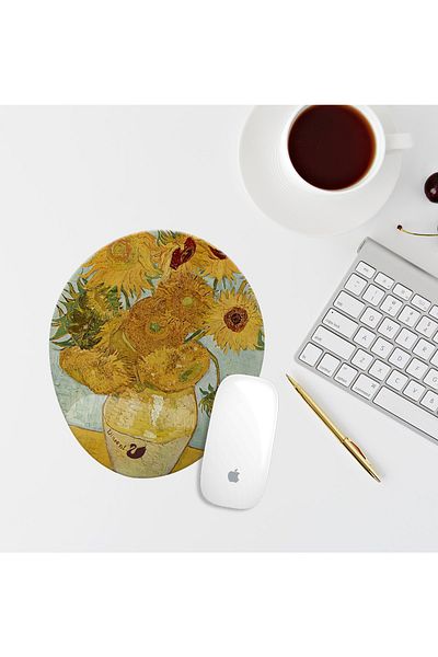 Özer Store لوحة ماوس بيضاوية الشكل بتصميم عباد الشمس من Van Gogh مع وسادة ماوس تدعم المعصم