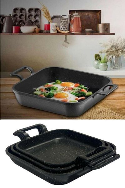 Eda Set of 3 Black Aluminum Square Cast Iron Pans 20-22-24 Cm
