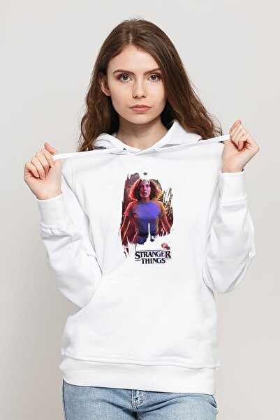 QIVI Ženska bela majica Stranger Things Eleven Wallpaper Štampano Pleteno Sa ...