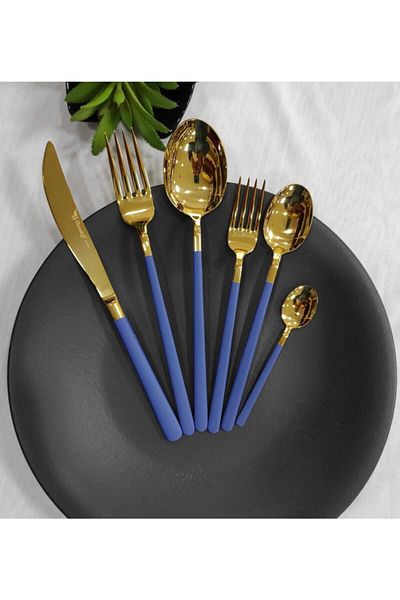 BRONDOFF Lilyum 24 Piece Blue Titanium Gold Fork Spoon Knife Set