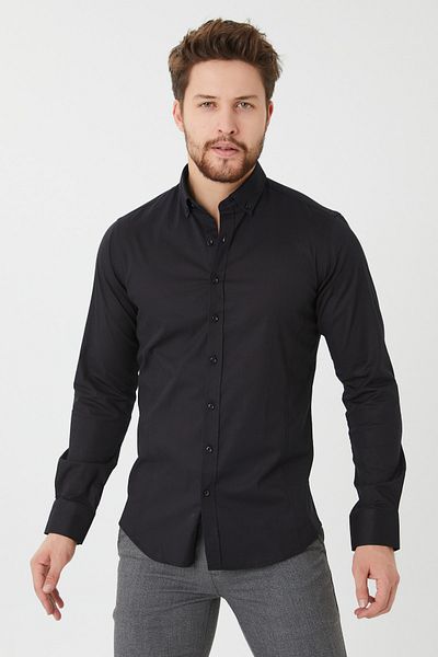 Pietra Paul Lycra Black Slim Fit Plain Poplin Men's Shirt