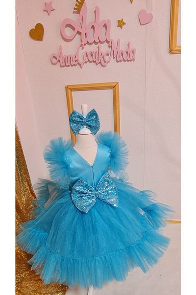 NA ADDESIGN Rochie de design cu paiete umflate din tul albastru pentru fete