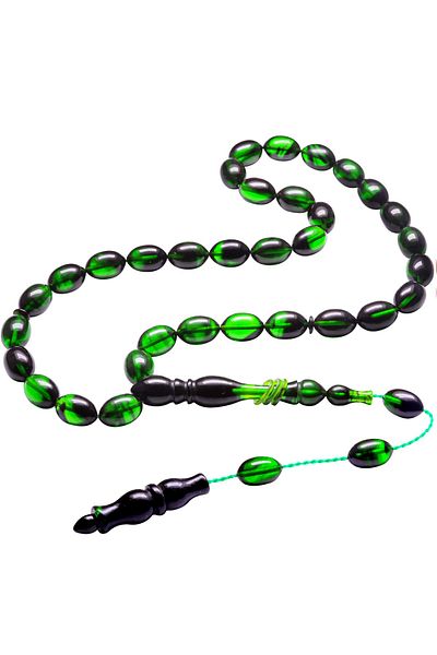 Tesbih Atölyesi Green Black Moire - Certified System Fire Amber Prayer Beads
