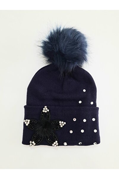 dükkan10butika Жіноча шапка з одним чорним квітковим мотивом, прикрашена камінцями та помпонами, синього кольору