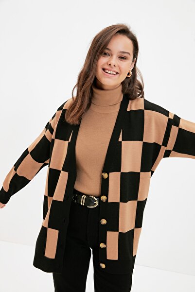 Trendyol Modest Πλεκτή ζακέτα με σχέδιο Camel Checkerboard TCTAW22TH0083