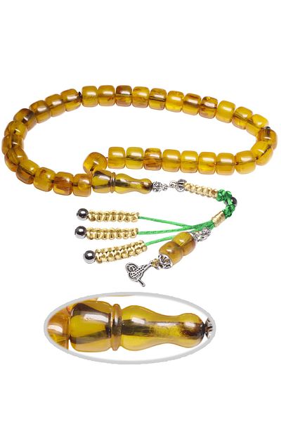 Tesbih Atölyesi Yellow Green Barrel Cut Certified Amber Rosary
