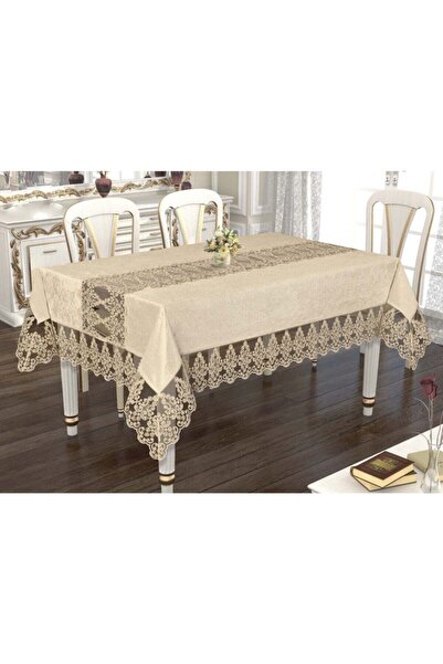 ATAK Calve Masa Örtüsü 160*220 Cm Fransız Dantelli 8 Kişilik Taş Altın