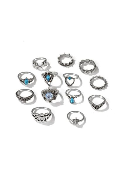Girift Vintage Carve 13 Pieces Blue Stone Ring Set