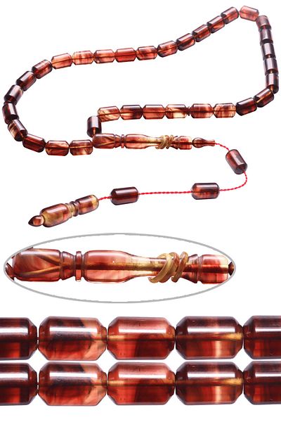 Tesbih Atölyesi Red Colored Amber Prayer Beads with Ring and Dense Moire