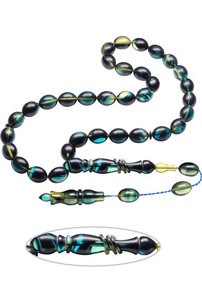 Tesbih Atölyesi Dark Blue Colored Beige Cut Clamping Amber Prayer Beads with System and Ring