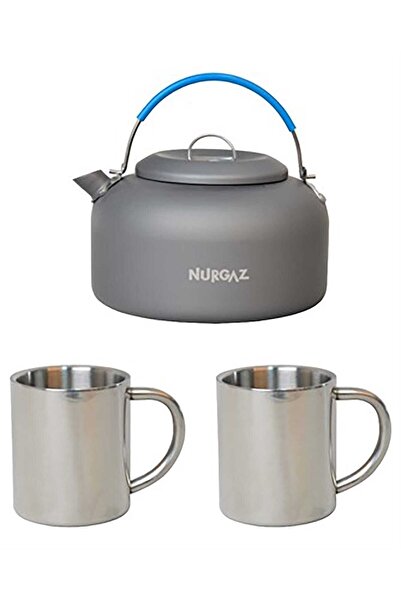NURGAZ Klasik Gri Çaydanlık + 2 Adet Krom Kupa Seti 6269263