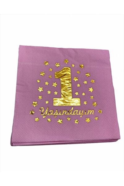 Dipak Gold Pembe Renk Varaklı 1 Yaşındayım Doğum Günü Peçetesi 33 ×33 Cm 16 Adet
