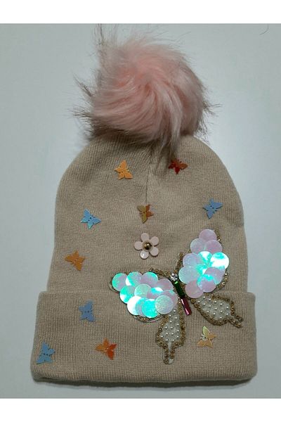 dükkan10butika Beanie Women's Butterfly Motif and Decorated Pompom Powder