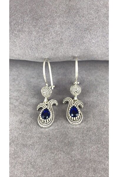 BEY SİLVER Safir Taşlı Parmak Izi Lale Gümüş Kadın Küpe