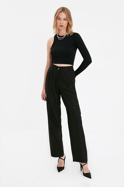 Trendyol Collection Kalhoty z černé tkaniny s rovným/rovným střihem Twoaw22Pl0321