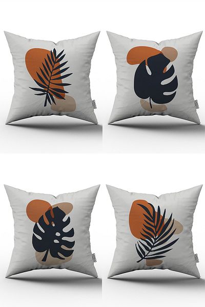 Cango Home Navy Blue Orange Bohemian Style Leaf Patterned Digital Printed Throw Pillow Pillow Case Set 4kmbs109