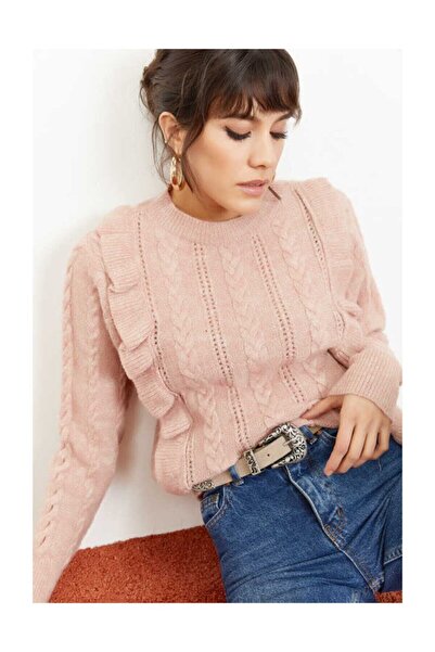 Bianco Lucci Puderfarbener, weicher Pullover mit durchbrochenem Rüschenmuster...