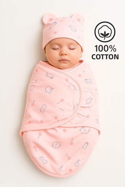 moukou 0-4 Months Baby 100% Cotton Swaddle and Hat, Velcro Fastener, Soft Com...