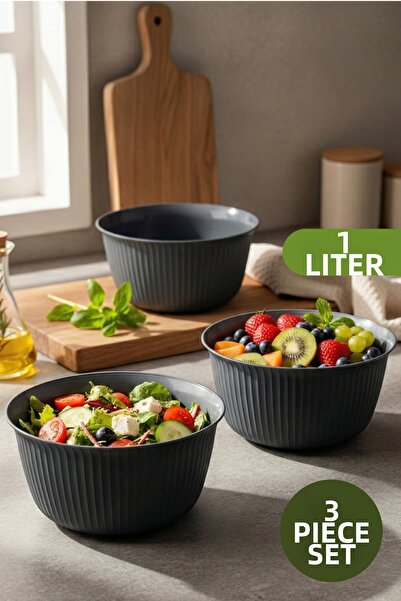 Vienev 3-Piece 1 Liter Plastic Mixing and Storage Bowl Set Anthracite