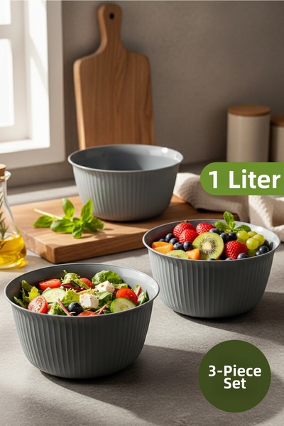 Vienev 3-Piece 1 Liter Plastic Mixing and Storage Bowl Set Gray