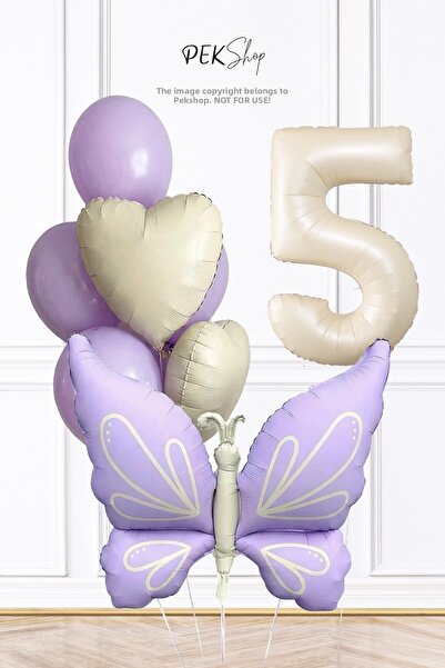 PEKSHOP 5 Year Old Retro Lilac Butterfly Theme 5 Year Old Birthday Balloon Ch...
