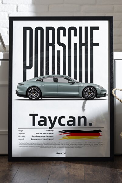 Duvarda Αφίσα αυτοκινήτου Porsche Taycan με μαύρο ξύλινο πλαίσιο, διακοσμητικ...