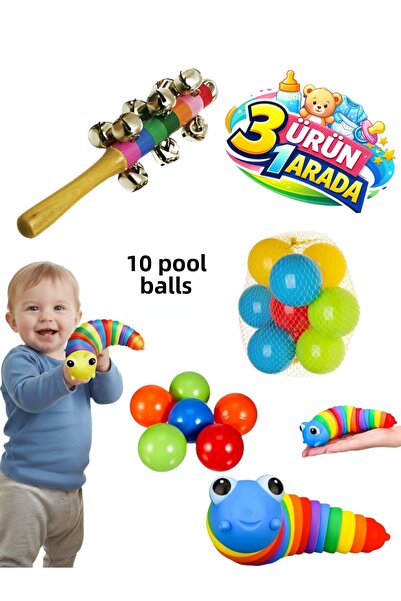 Depomiks Avm جرس خشبي مرن بمقبض على شكل يرقة مونتيسوري مع 10 كرات ملونة للحوض...