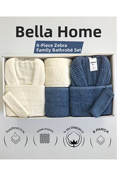 Bella Home طقم روب حمام عائلي من 8 قطع بنقشة الحمار الوحشي - 100% قطن - علبة ...