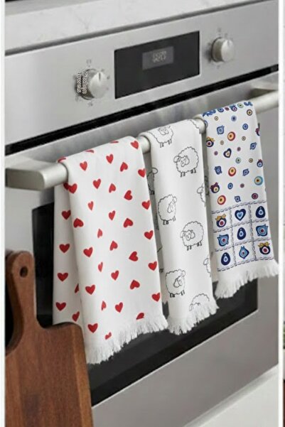 Gül Ev Tekstil Ürünleri Kitchen Towel 3-Piece Towel Set Decorative Kitchen Ac...