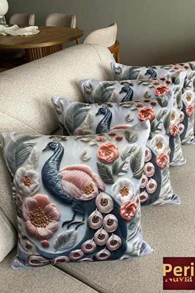 PERİNUVİA غطاء وسادة فارغ مطبوع رقميًا بنمط الطاووس مقاس 43×43 سم، 4 قطع