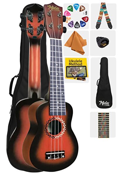 Midex Ukx-600Rd Mahogany Concert Ukulele with Sunburs Effects Full Set