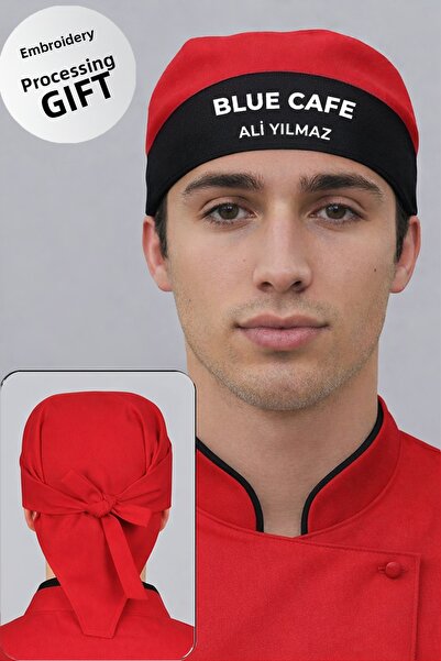 Üniformanya Black and Red Restaurant Chef Bandana with Name Gift Chef Bandana...