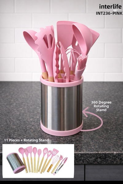 İnterlife 12Piece Wooden Handle Silicone Cooking Utensil Set with Rotating St...