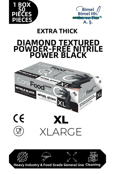 COREFOOD Nitrile Black Power Inspection Gloves XL - 1 Pack of 50