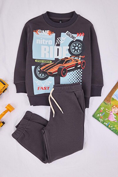 TRENDYOLKIDS Anthracite Printed Knitted Boys' Bottom - Top Set Tkdaw26Au00058