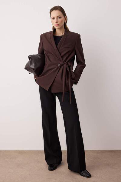 Trendyol Modest Καφέ μαλακό ύφασμα πολυβισκόνης oversized υφαντό μπουφάν TCTA...