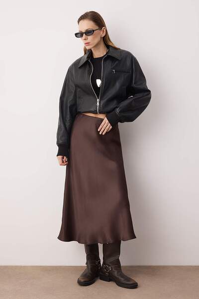 Trendyol Collection Brown Satin A-Line/Trumpet Maxi Long Skirt Twoaw26Et00163